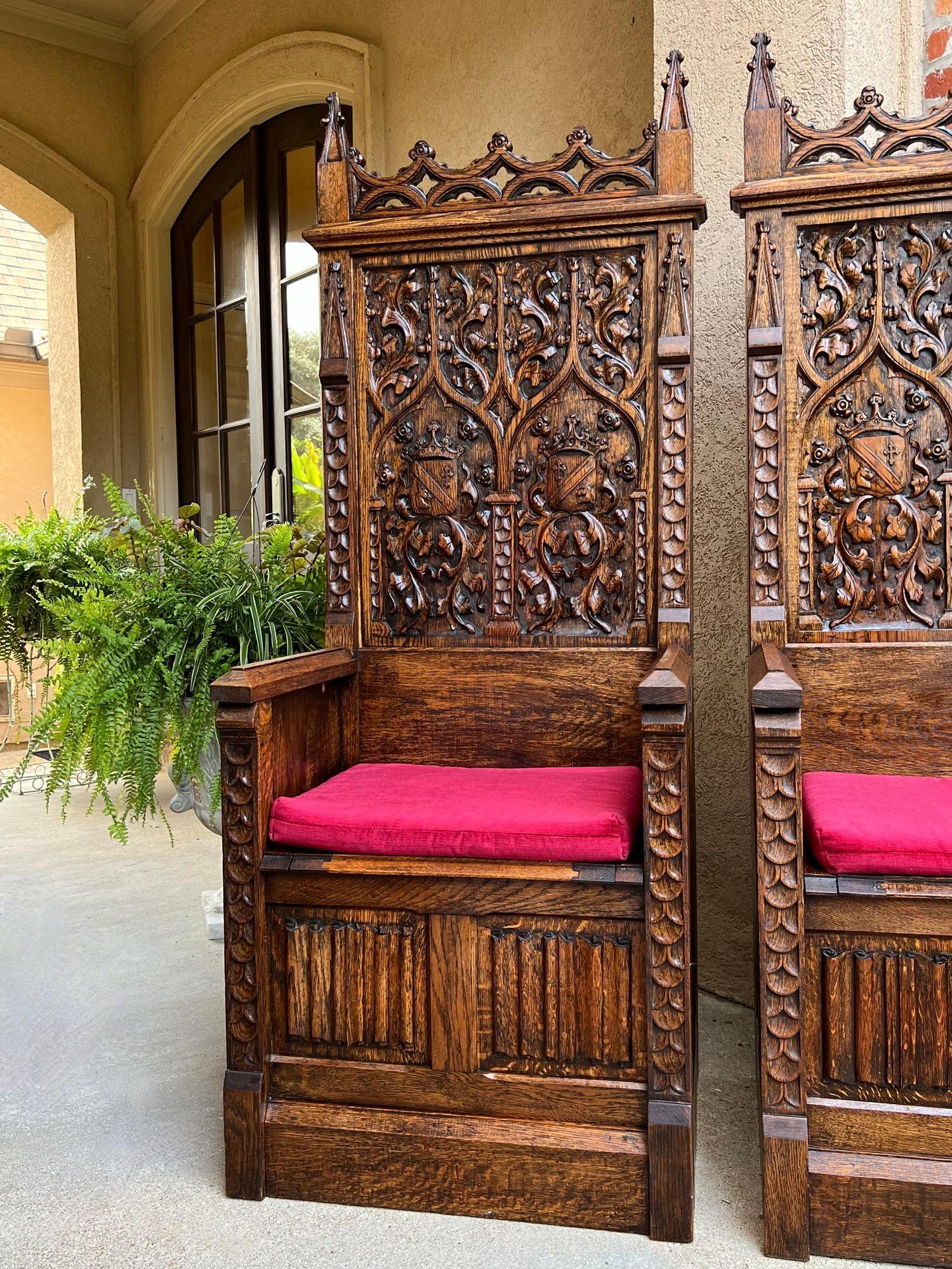 PAIR SET Antique French Hall Bench Gothic Revival Throne Altar Chairs Carved Oak 11