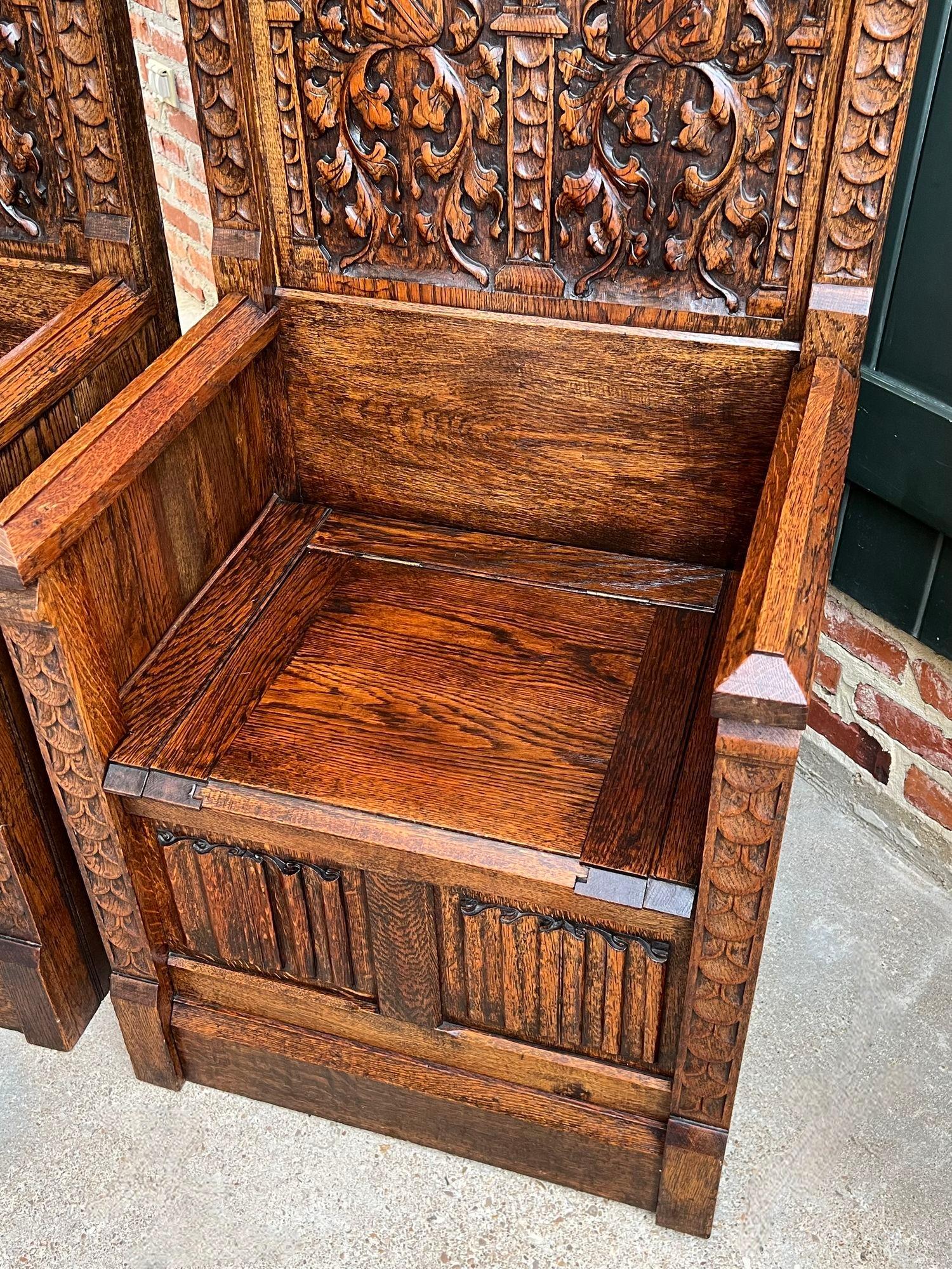 PAIR SET Antique French Hall Bench Gothic Revival Throne Altar Chairs Carved Oak 12