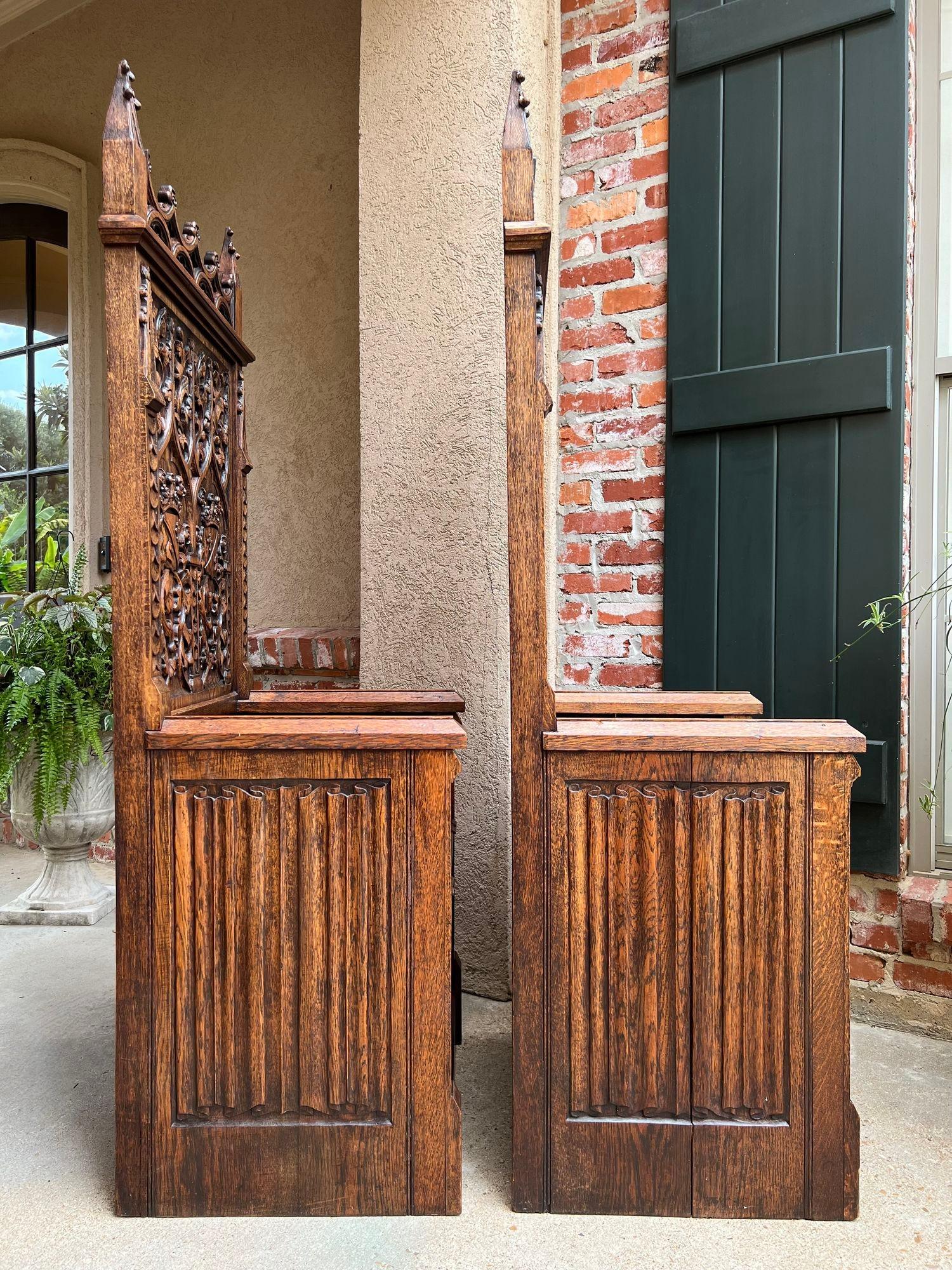PAIR SET Antique French Hall Bench Gothic Revival Throne Altar Chairs Carved Oak 14