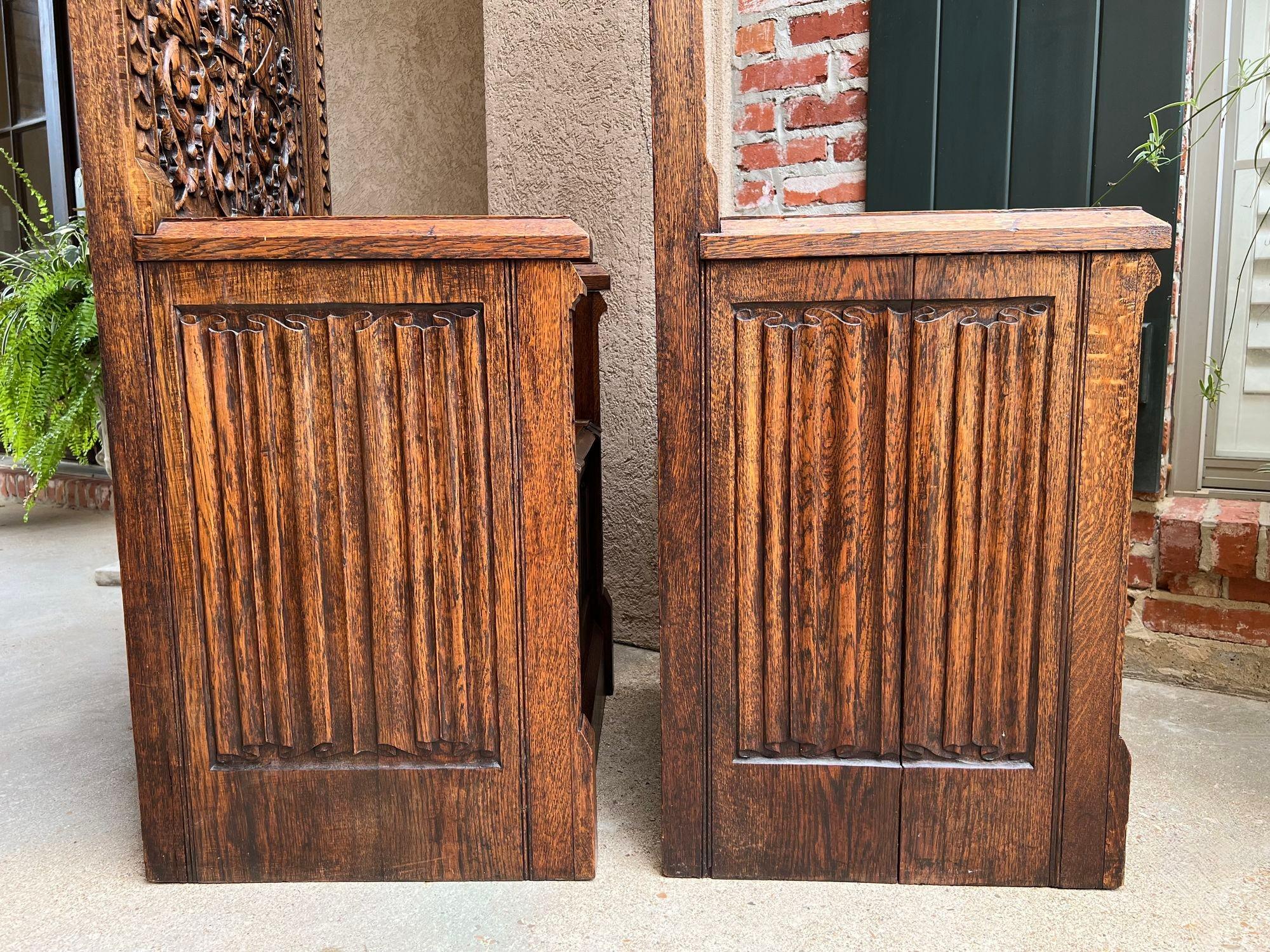 PAIR SET Antique French Hall Bench Gothic Revival Throne Altar Chairs Carved Oak 15