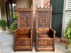 PAIR SET Antique French Hall Bench Gothic Revival Throne Altar Chairs Carved Oak