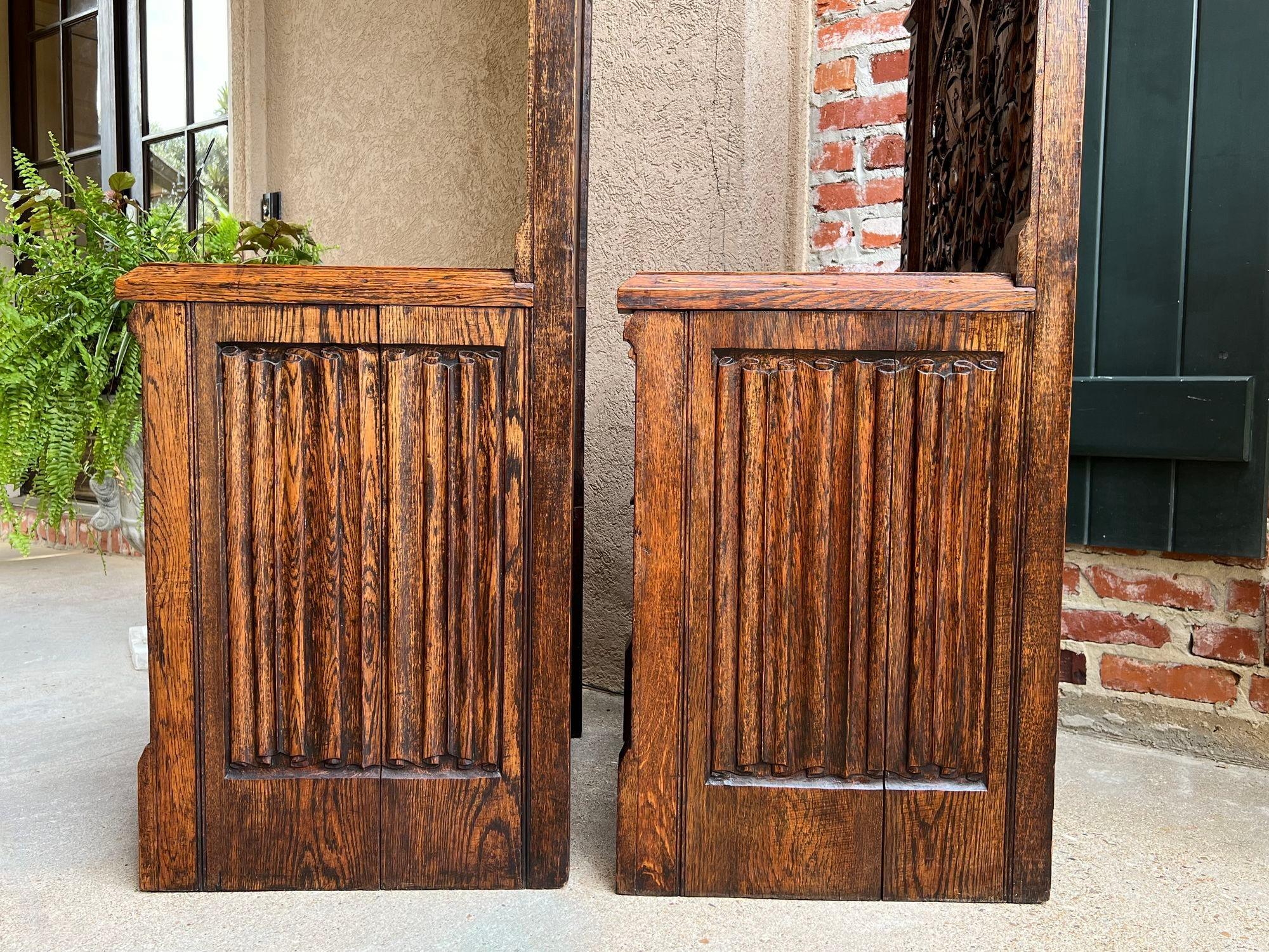 PAIR SET Antique French Hall Bench Gothic Revival Throne Altar Chairs Carved Oak 16