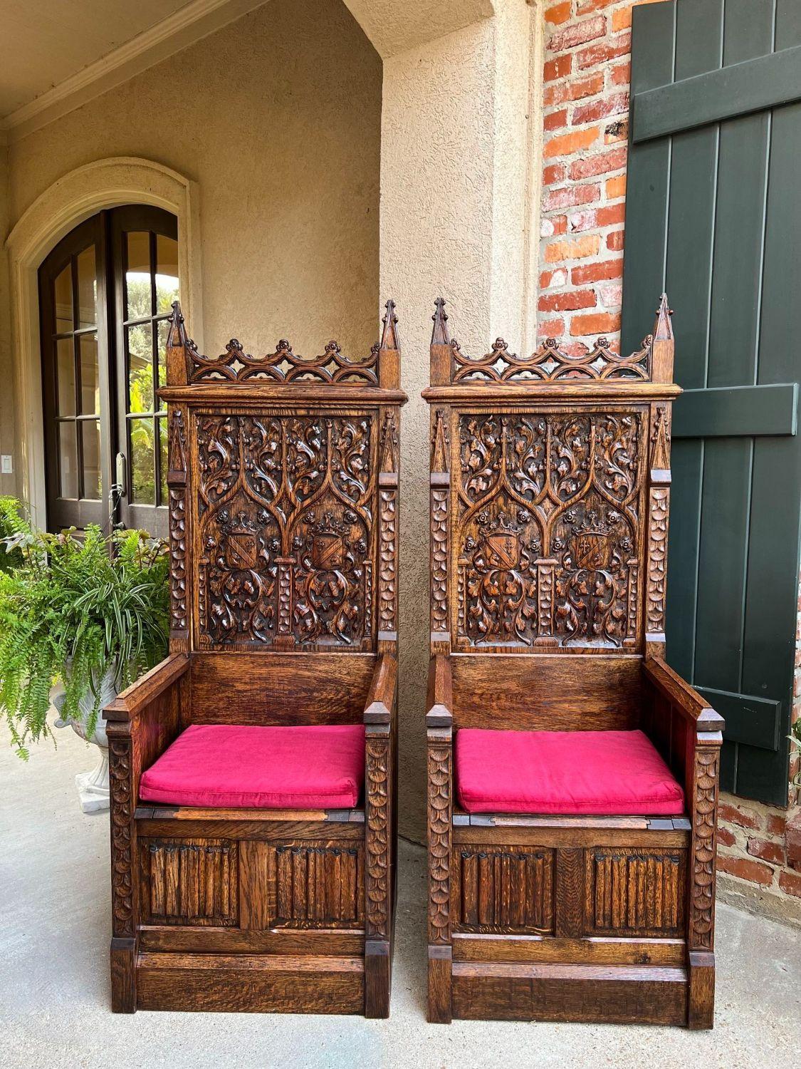 PAIR SET Antique French Hall Bench Gothic Revival Throne Altar Chairs Carved Oak In Good Condition For Sale In Shreveport, LA