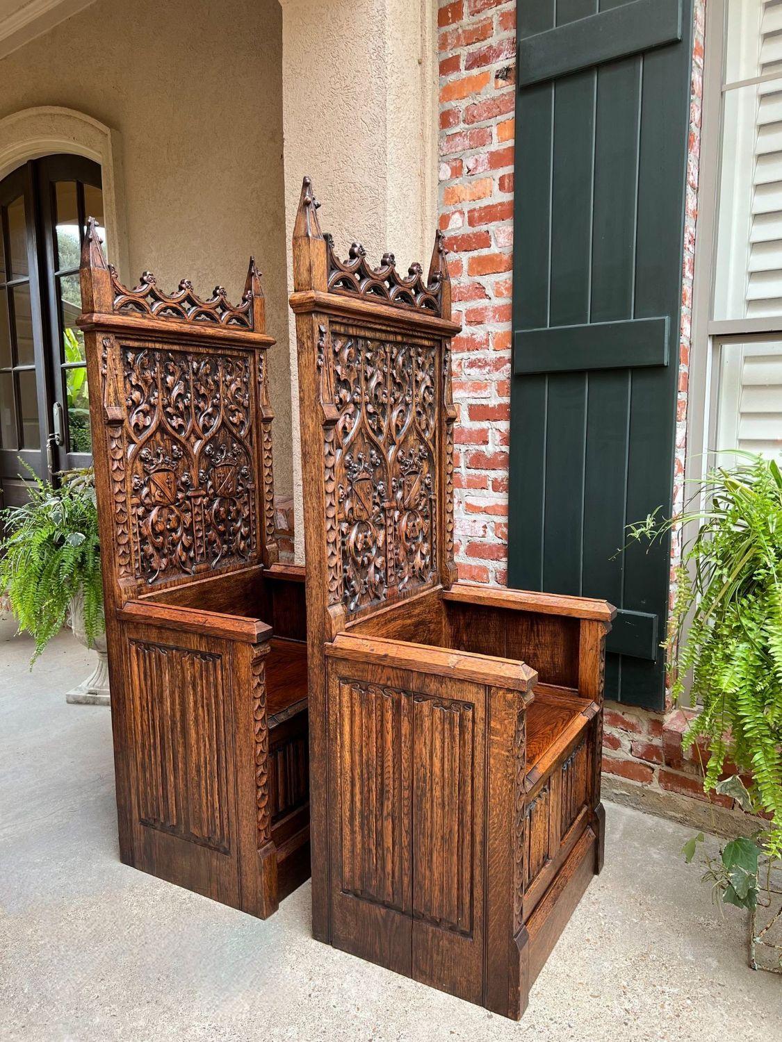 19th Century PAIR SET Antique French Hall Bench Gothic Revival Throne Altar Chairs Carved Oak For Sale