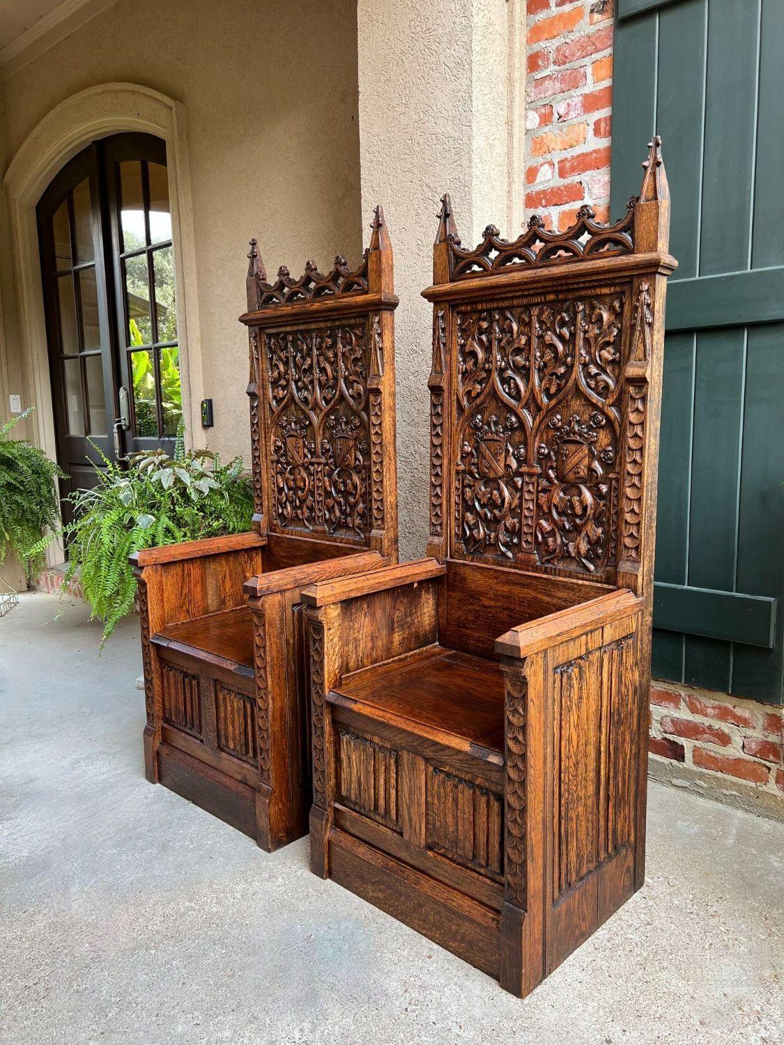 PAIR SET Antique French Hall Bench Gothic Revival Throne Altar Chairs Carved Oak For Sale 1