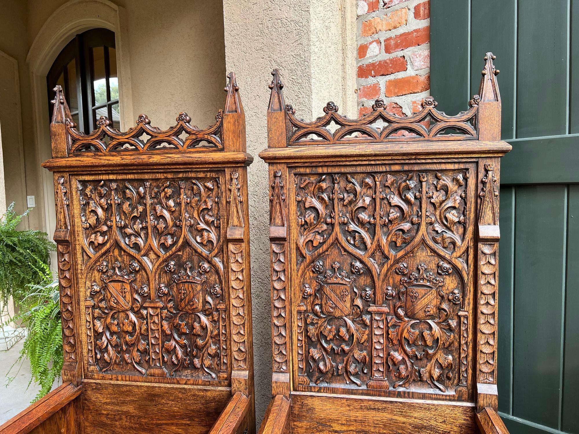 PAIR SET Antique French Hall Bench Gothic Revival Throne Altar Chairs Carved Oak 2