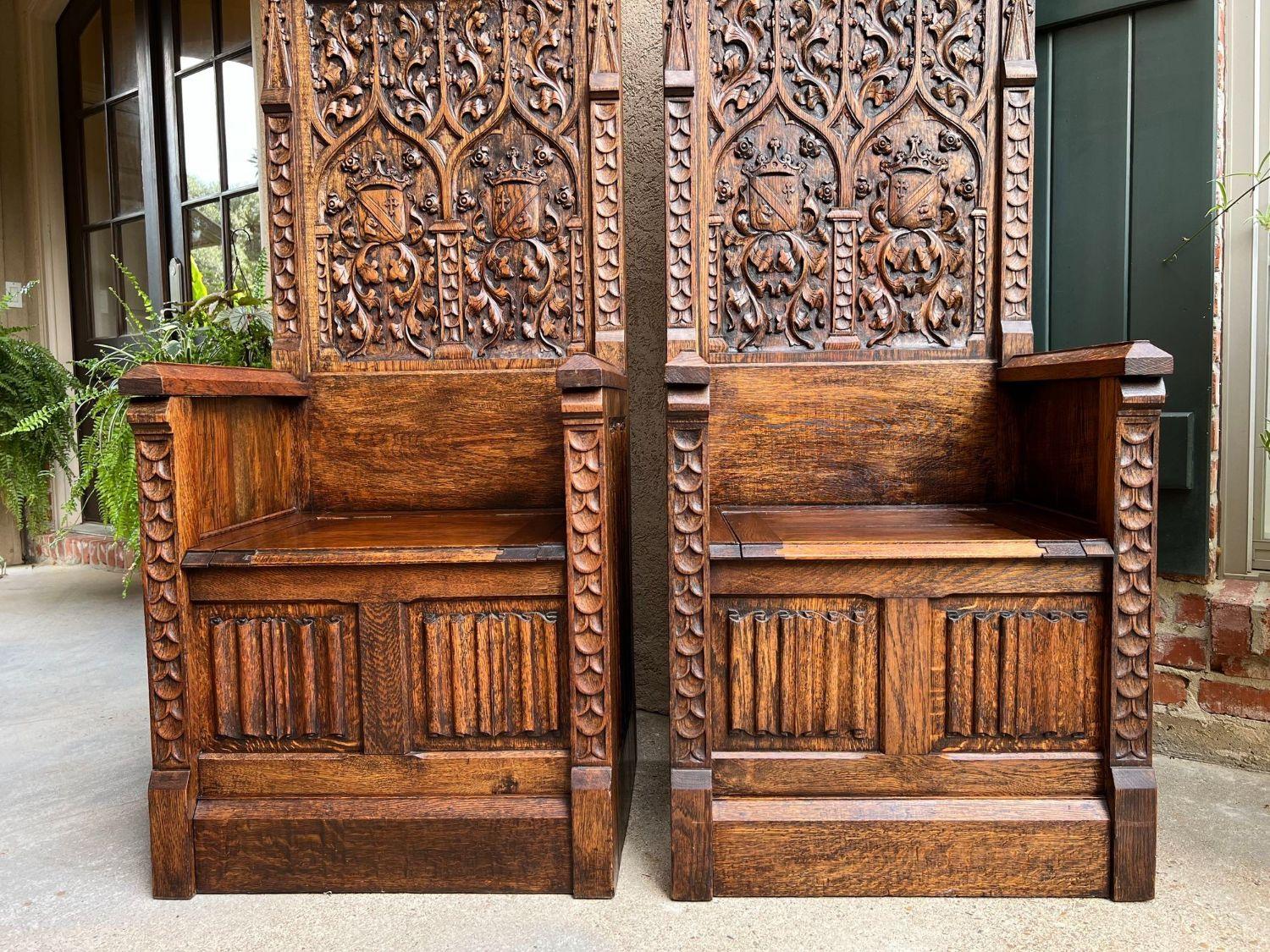 PAIR SET Antique French Hall Bench Gothic Revival Throne Altar Chairs Carved Oak For Sale 3