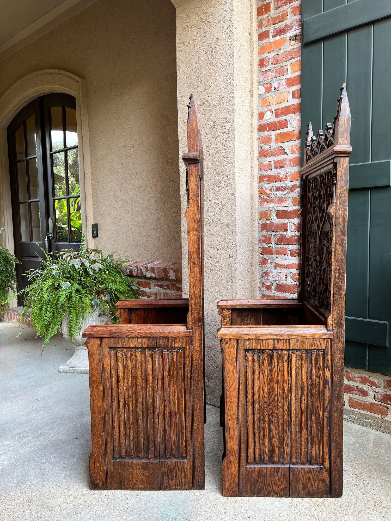 PAIR SET Antique French Hall Bench Gothic Revival Throne Altar Chairs Carved Oak 4