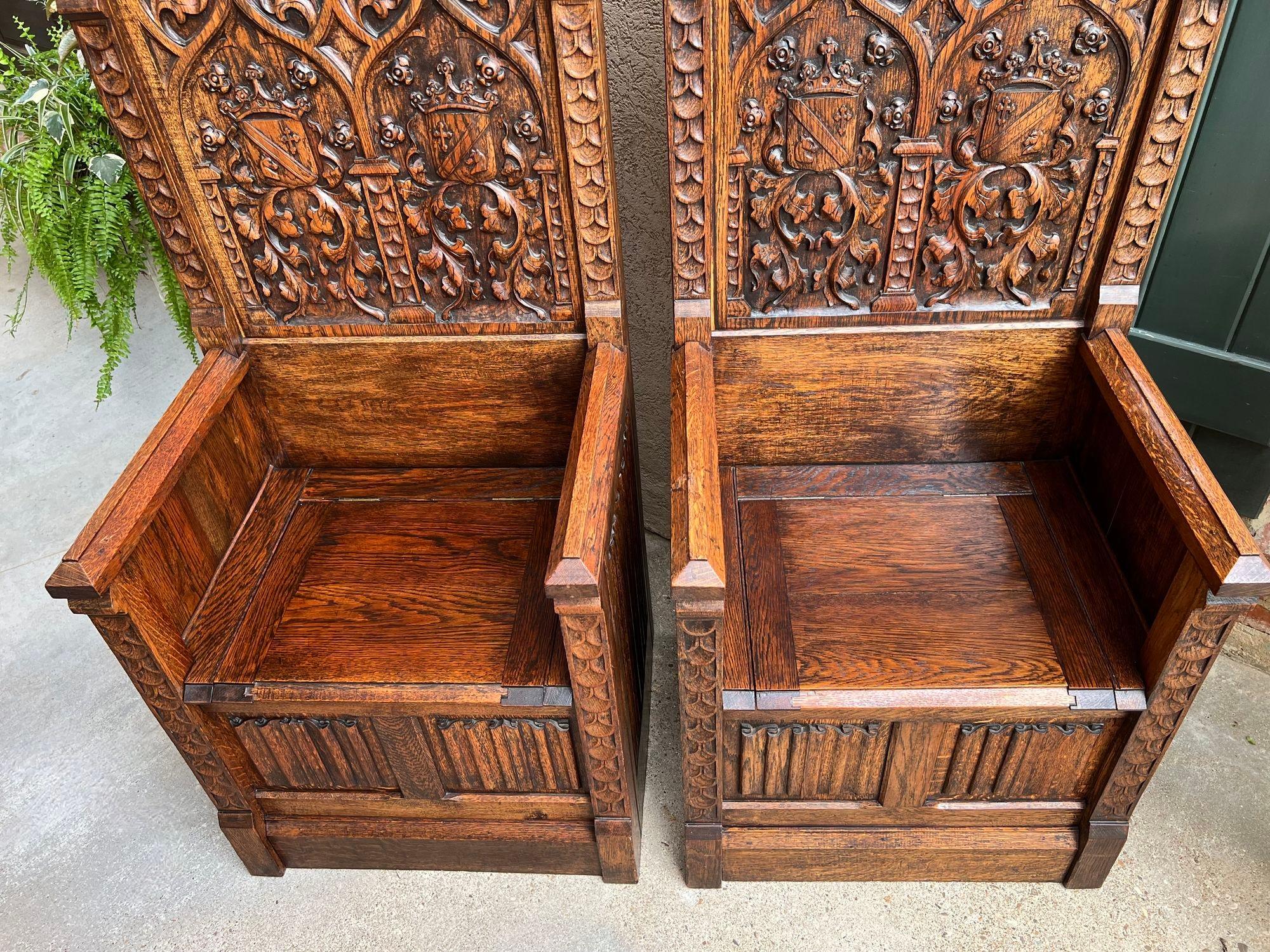 PAIR SET Antique French Hall Bench Gothic Revival Throne Altar Chairs Carved Oak 5