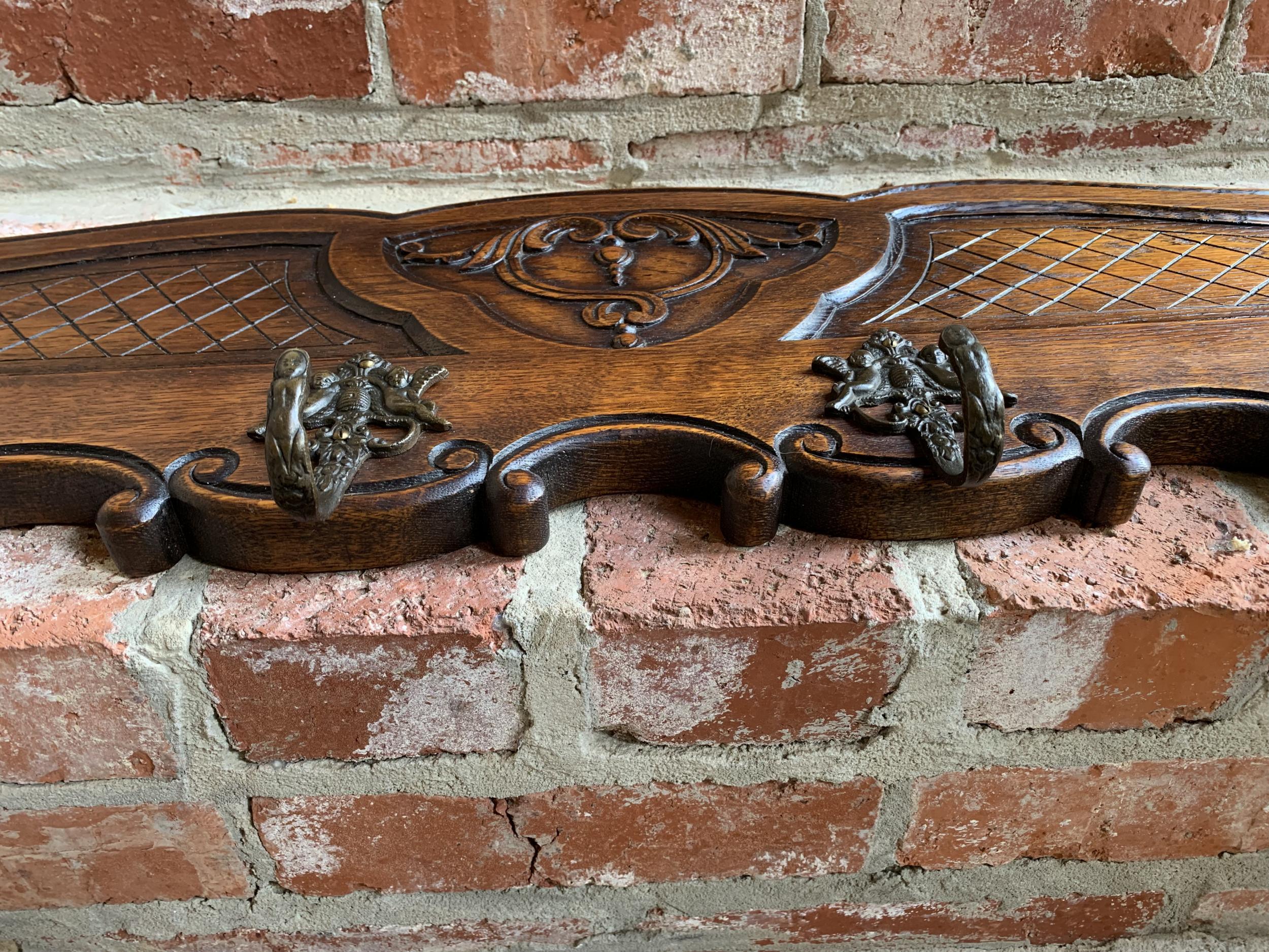 Pair Set Antique French Provincial Carved Oak Coat Hat Pot Hanging Rack Brass 15