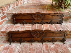 Pair Set Antique French Provincial Carved Oak Coat Hat Pot Hanging Rack Brass