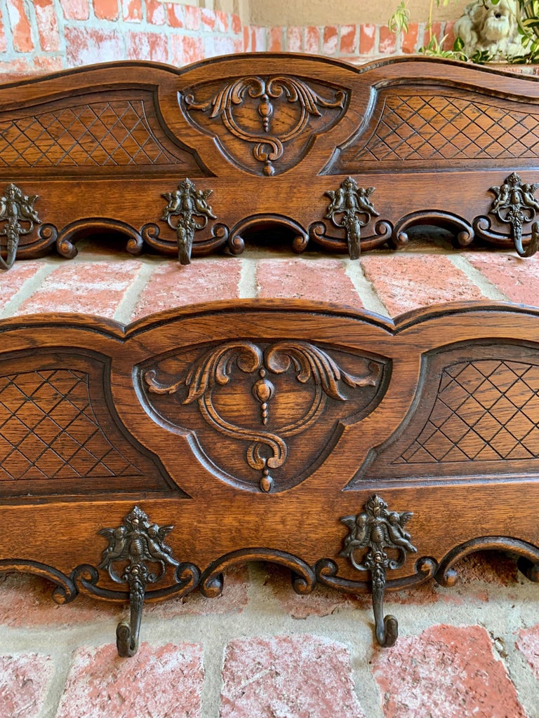 Pair Set Antique French Provincial Carved Oak Coat Hat Pot Hanging Rack