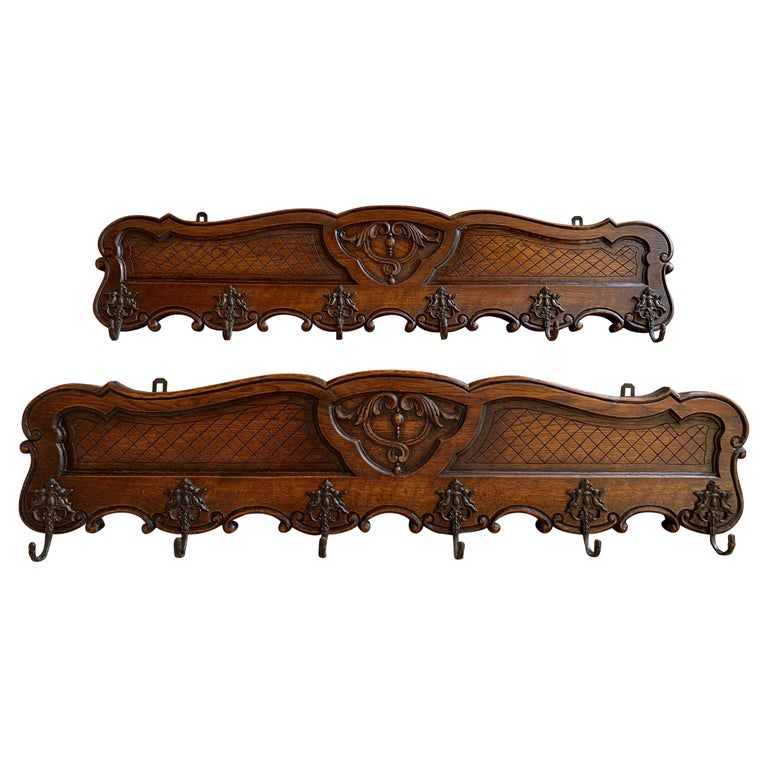 Pair Set Antique French Provincial Carved Oak Coat Hat Pot Hanging Rack