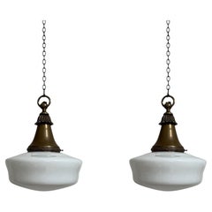 Pair Set Antique Vintage Church Opaline Milk Glass Brass Ceiling Pendant Lights