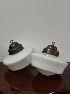 Pair Set Antique Vintage Church Opaline Milk Glass Ceiling Pendants Light Lamp