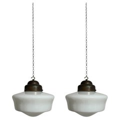Pair Set Antique Vintage Church Opaline Milk Glass Ceiling Pendants Light Lamp Pair Set Antique Vintage Church Opaline Milk Glass Ceiling Pendants Light Lamp