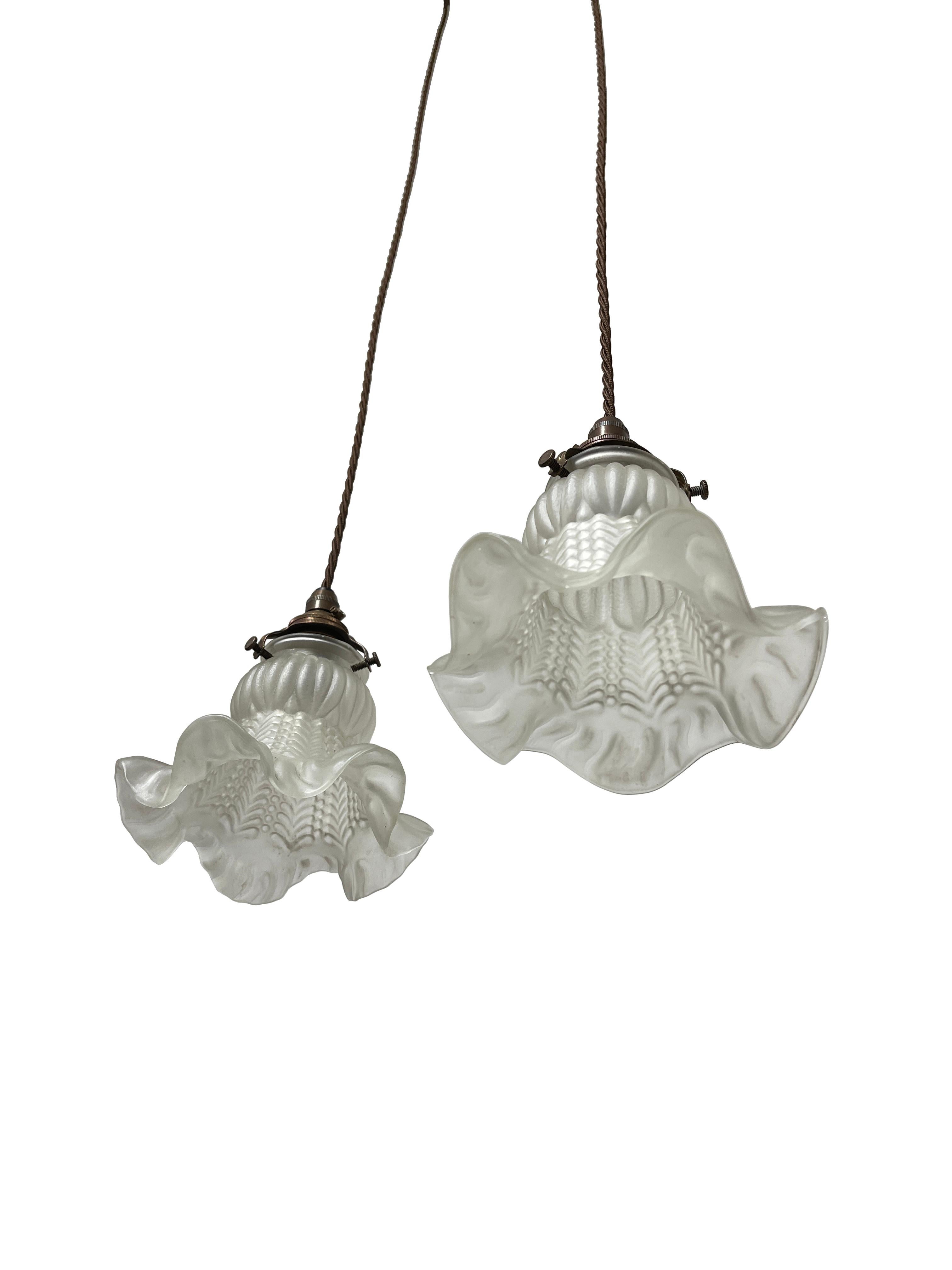 20th Century Pair Set Antique Vintage French Frosted Glass Floral Ceiling Pendants Light Lamp For Sale