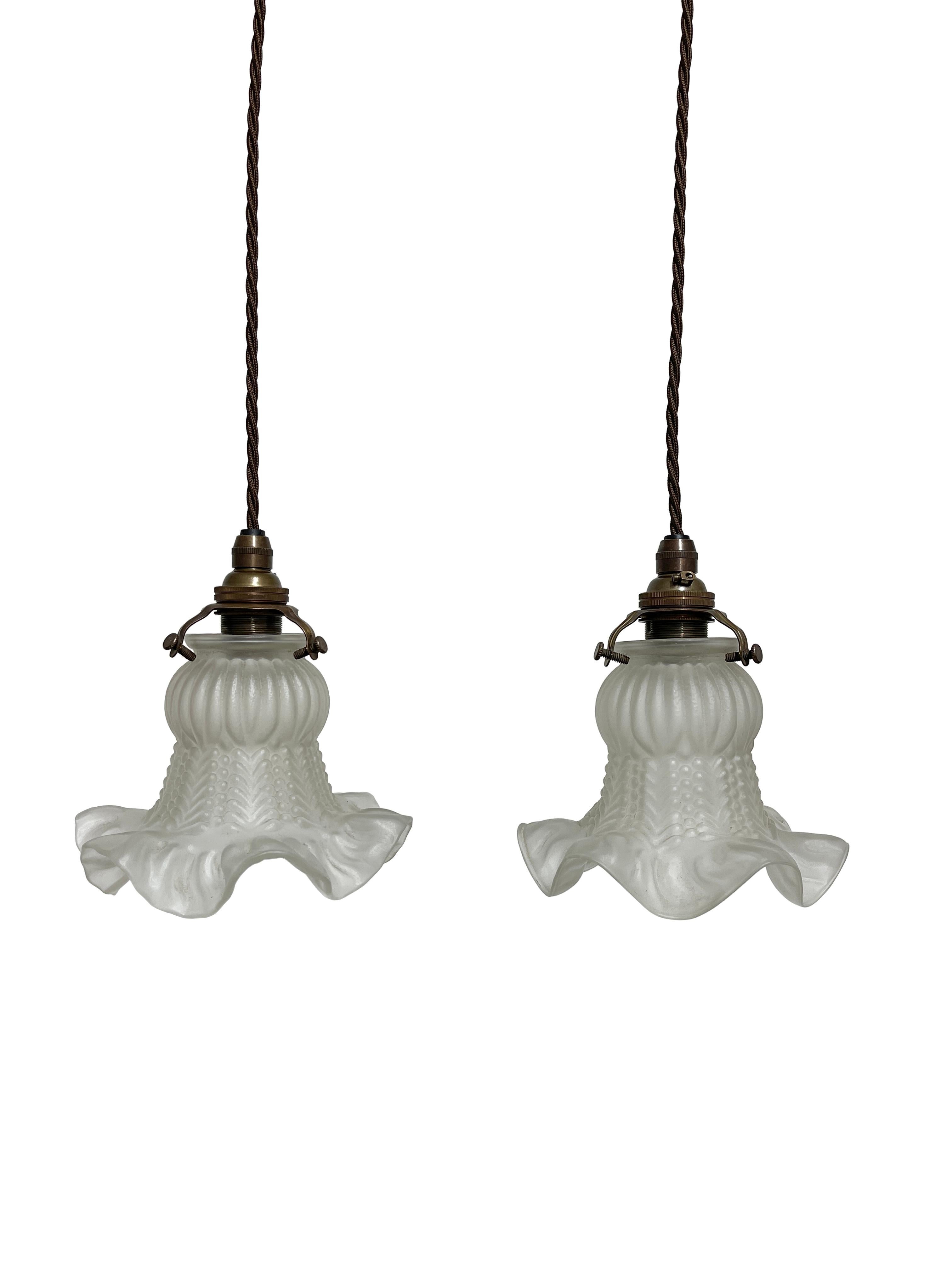 Pair Set Antique Vintage French Frosted Glass Floral Ceiling Pendants Light Lamp For Sale 1