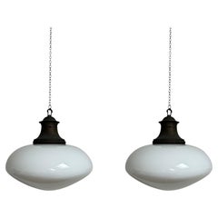 Pair Set Antique Vintage Ovaloid Church Opaline Ceiling Pendants Light Lamp