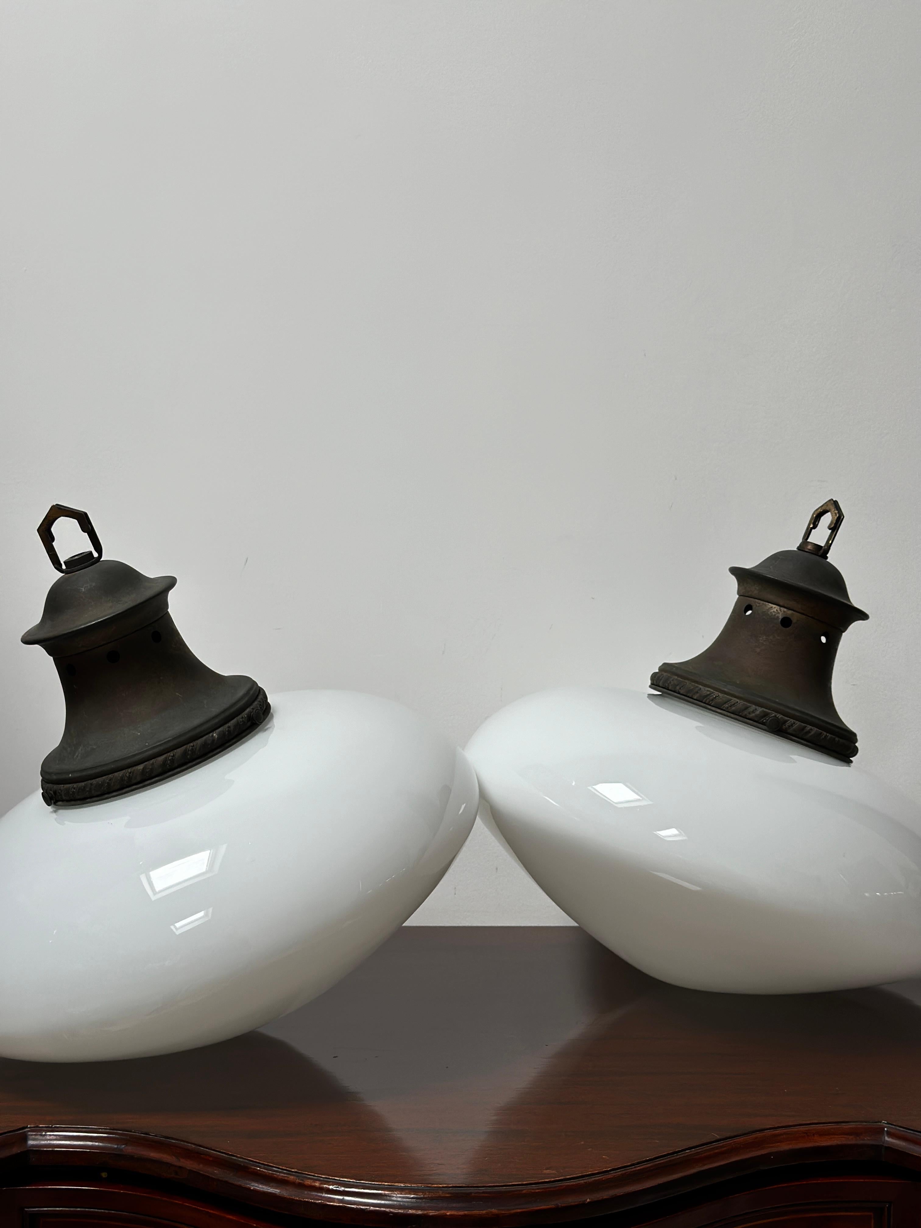 Pair Set Antique Vintage Ovaloid Church Opaline Ceiling Pendants Light Lamp (Opalglas) im Angebot