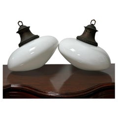 Pair Set Antique Vintage Ovaloid Church Opaline Ceiling Pendants Light Lamp