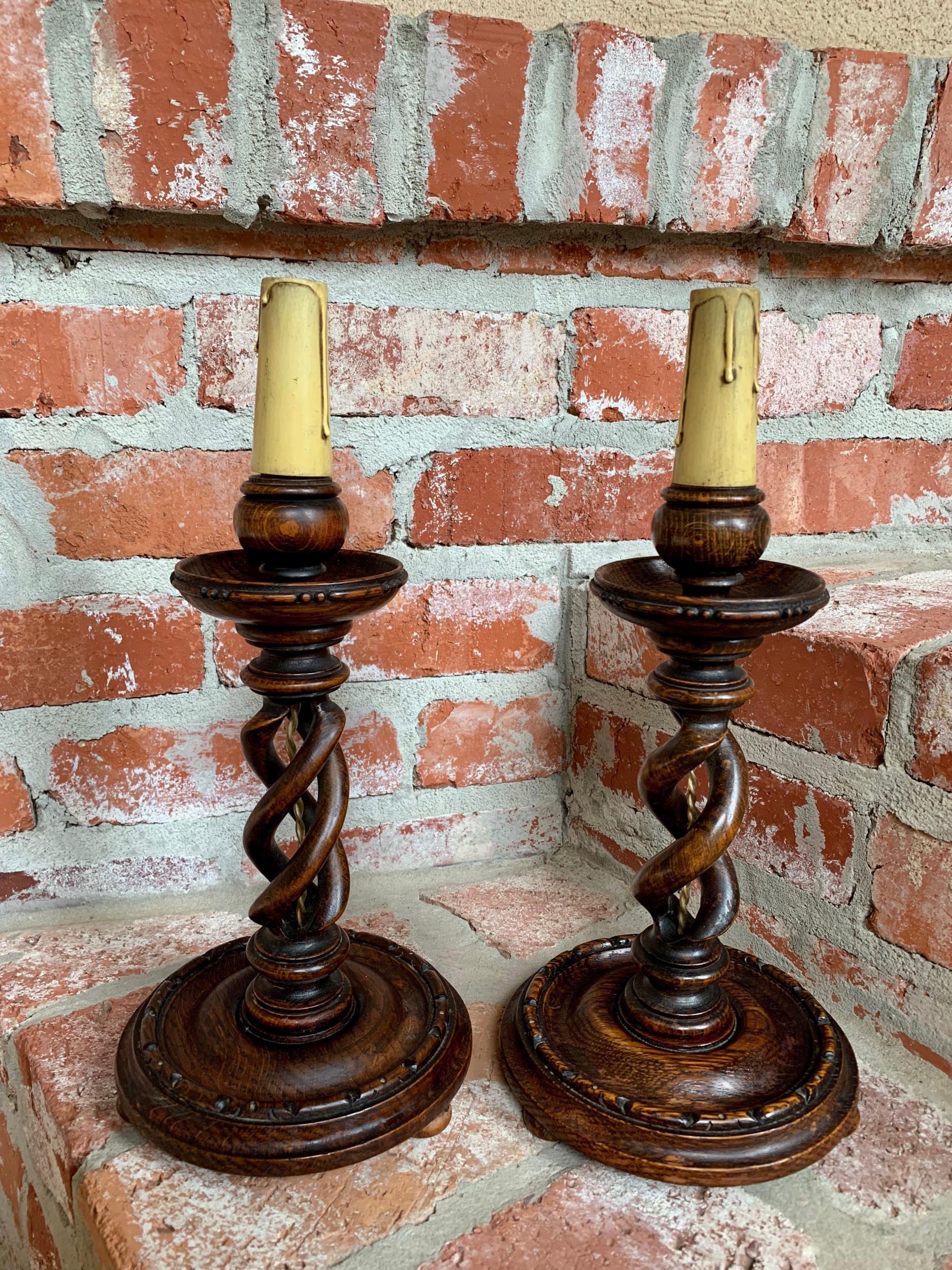 Pair of Set of 2 Antique English Desk Buffet Table Lamp Light Open Barley Twist 5