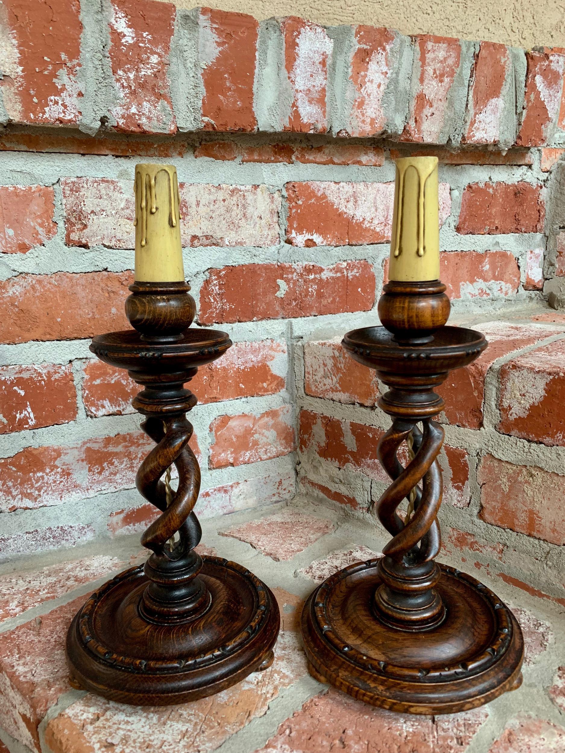 Pair of Set of 2 Antique English Desk Buffet Table Lamp Light Open Barley Twist 6