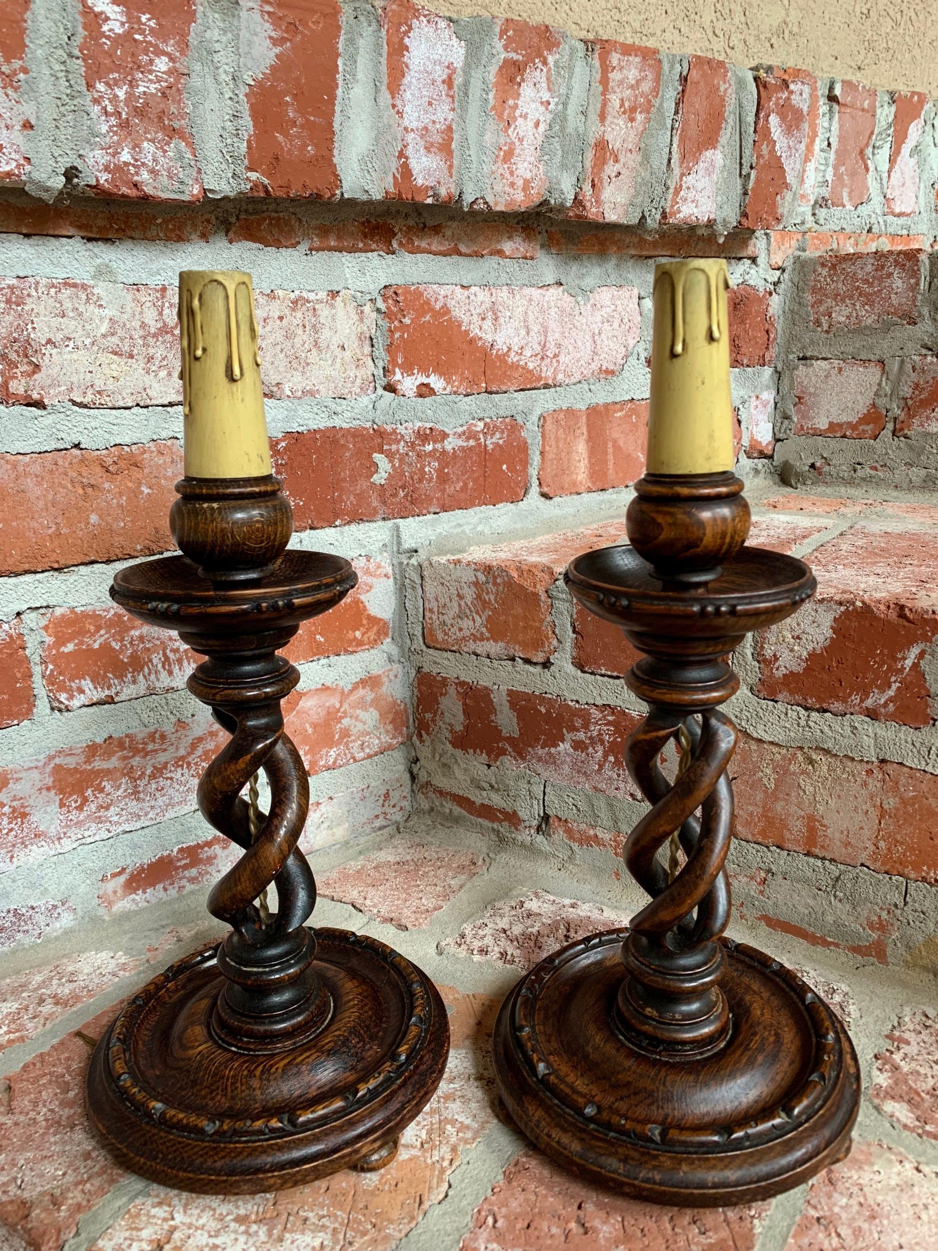 Pair of Set of 2 Antique English Desk Buffet Table Lamp Light Open Barley Twist 7