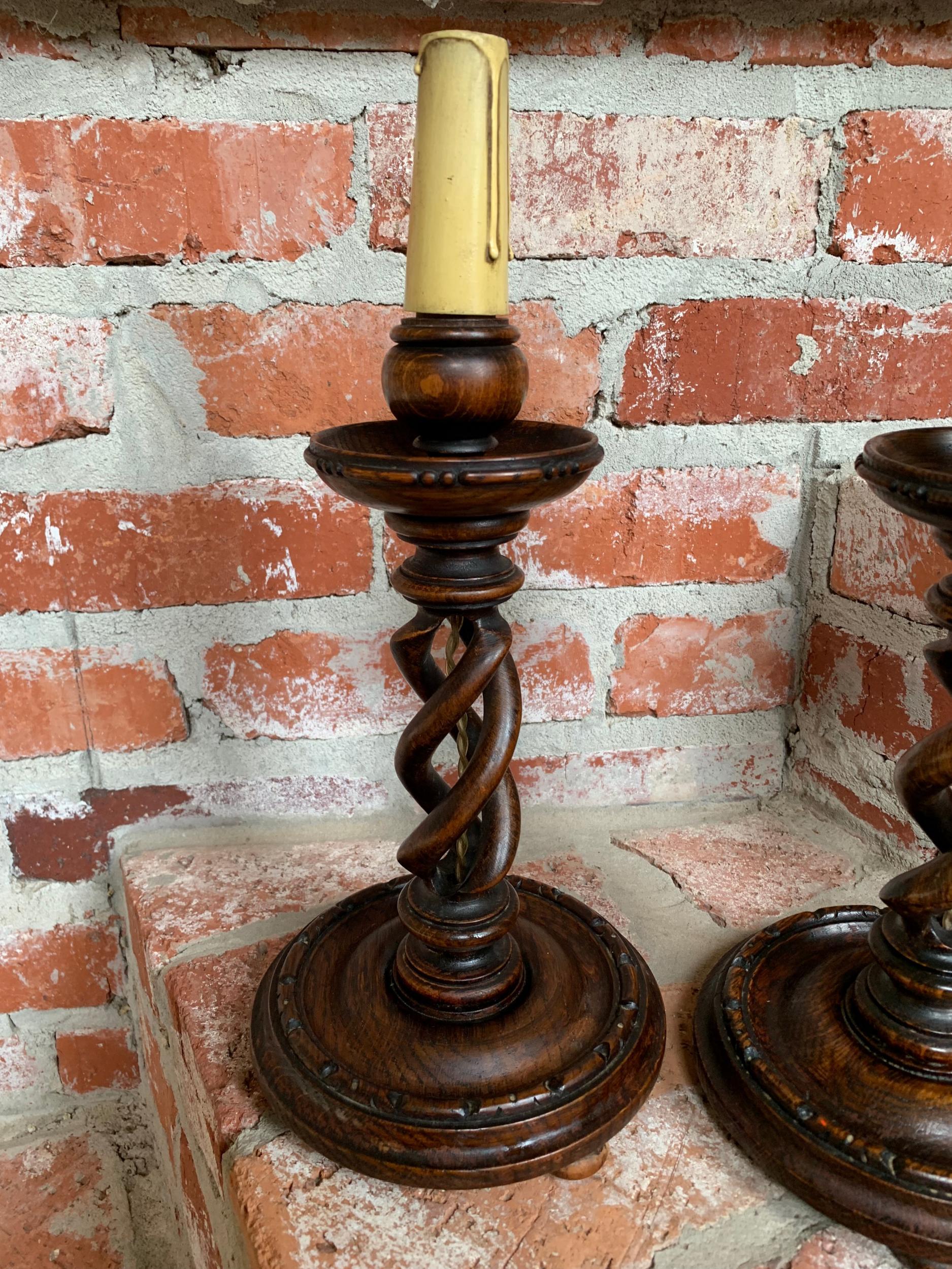 Pair of Set of 2 Antique English Desk Buffet Table Lamp Light Open Barley Twist 9