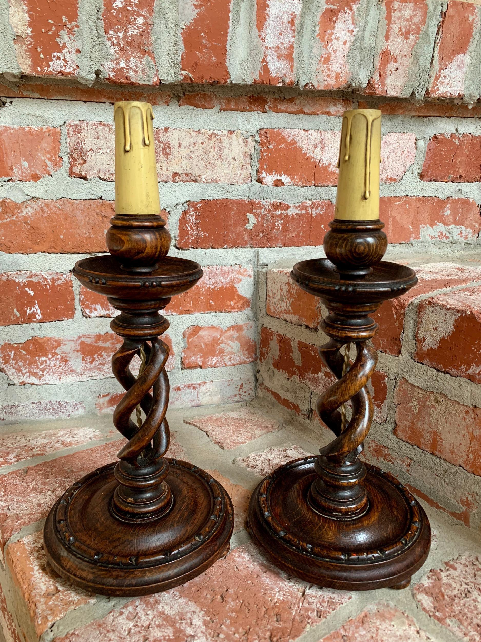 Pair of set of 2 antique English desk buffet table lamp light open barley twist

~Direct from Europe~
~Pair of two antique English table lamps~
~Open barley twist with carved oak upper bobeche~
~Lower oak round base has raised carved edge
