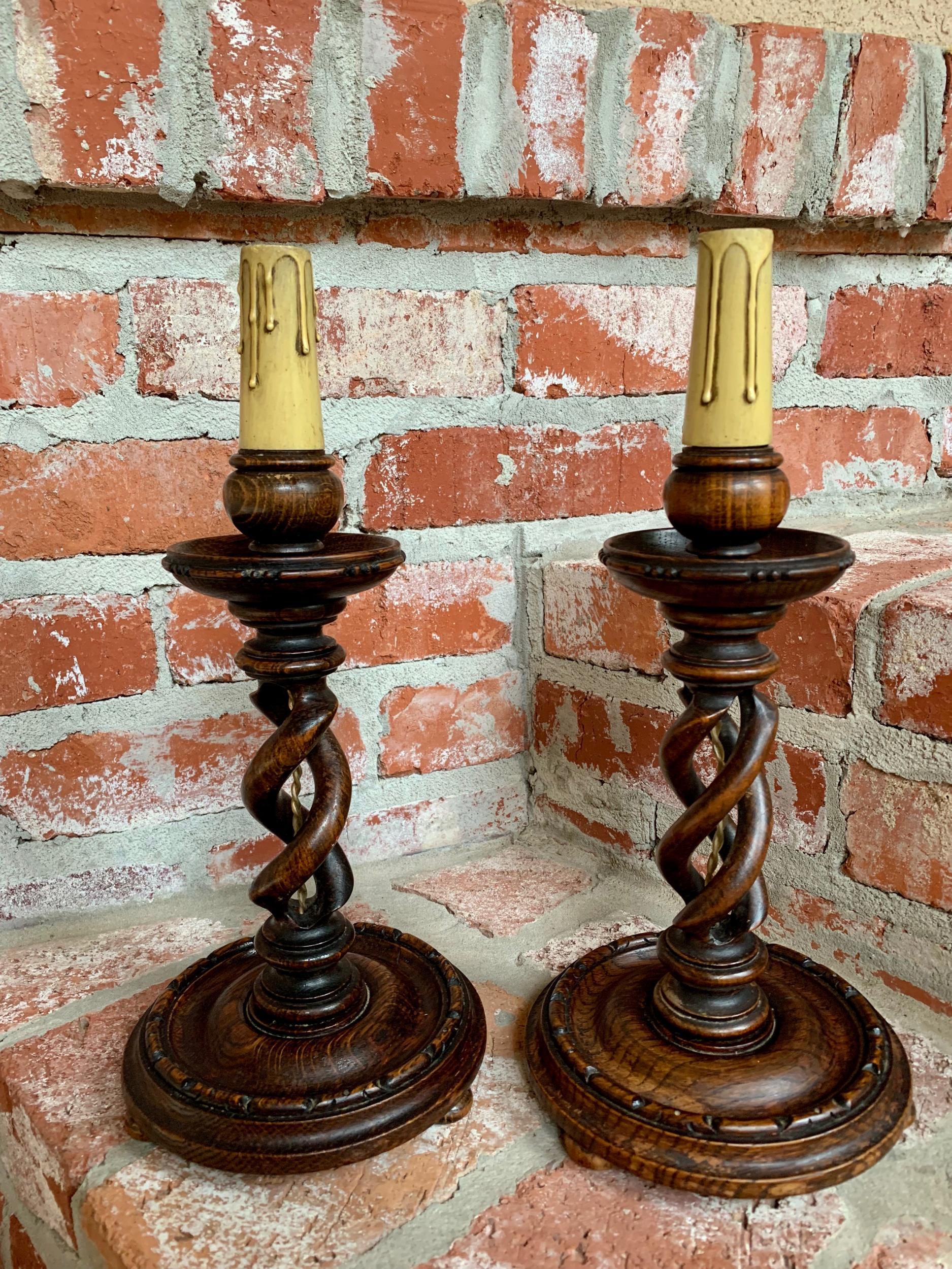 Jacobean Pair of Set of 2 Antique English Desk Buffet Table Lamp Light Open Barley Twist