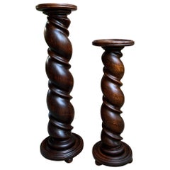 PAIR Set of 2 Antique French Pedestal Stand BARLEY TWIST Oak LARGE Plant Columns (Paire de 2 colonnes à piédestal)
