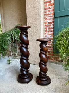 PAAR Satz von 2 Antique French Pedestal Stand BARLEY TWIST Oak LARGE Plant Columns