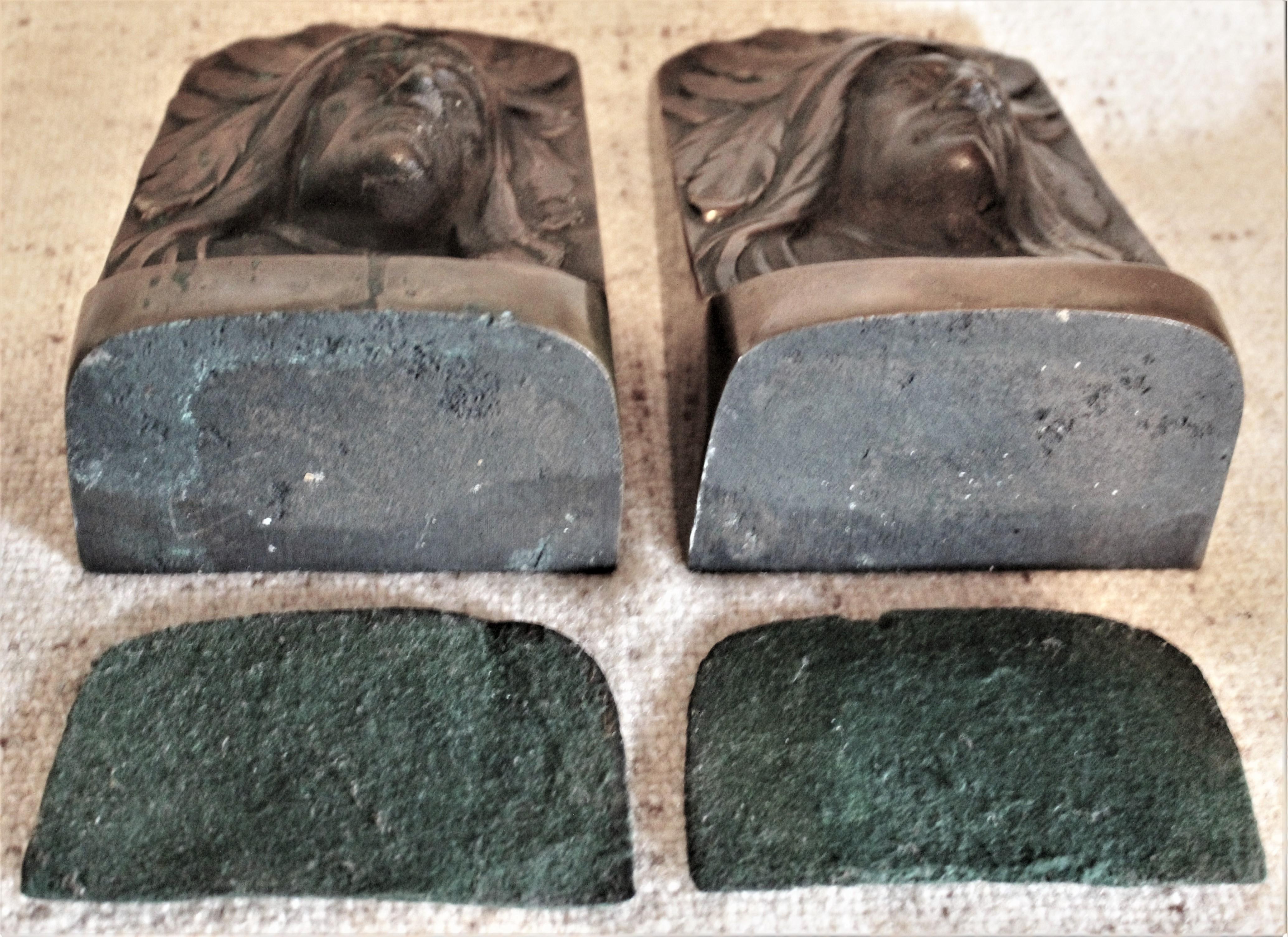 Pair of Vintage Sculptural Cast Bronze Native American Indian Chief Bookends For Sale 2