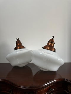 Pair Set XL Antique Bauhaus Opaline Milk Glass Ceiling Pendant Light By Siemens