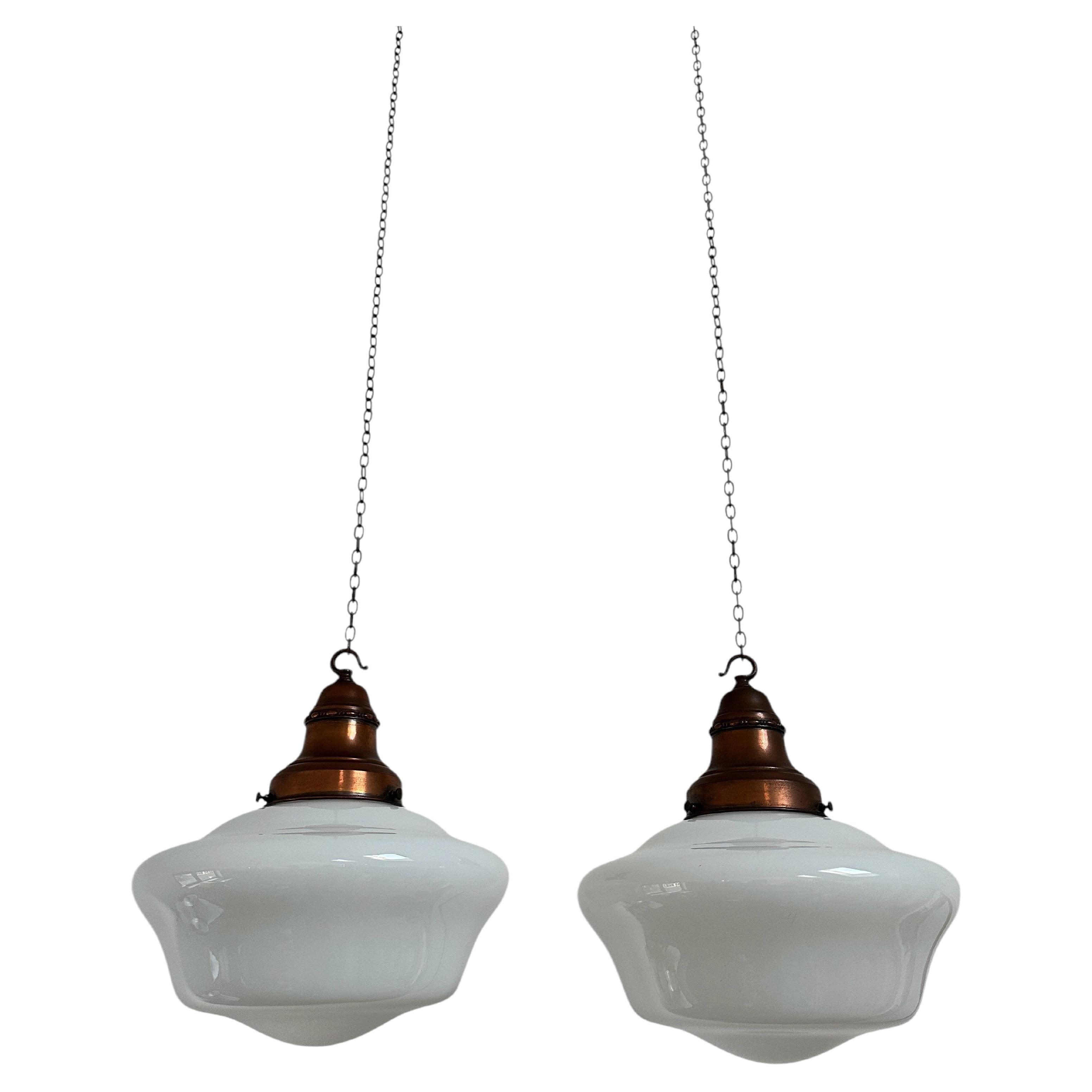 Pair Set XL Antique Bauhaus Opaline Milk Glass Ceiling Pendant Light By Siemens