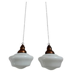 Pair Set XL Antique Bauhaus Opaline Milk Glass Ceiling Pendant Light By Siemens