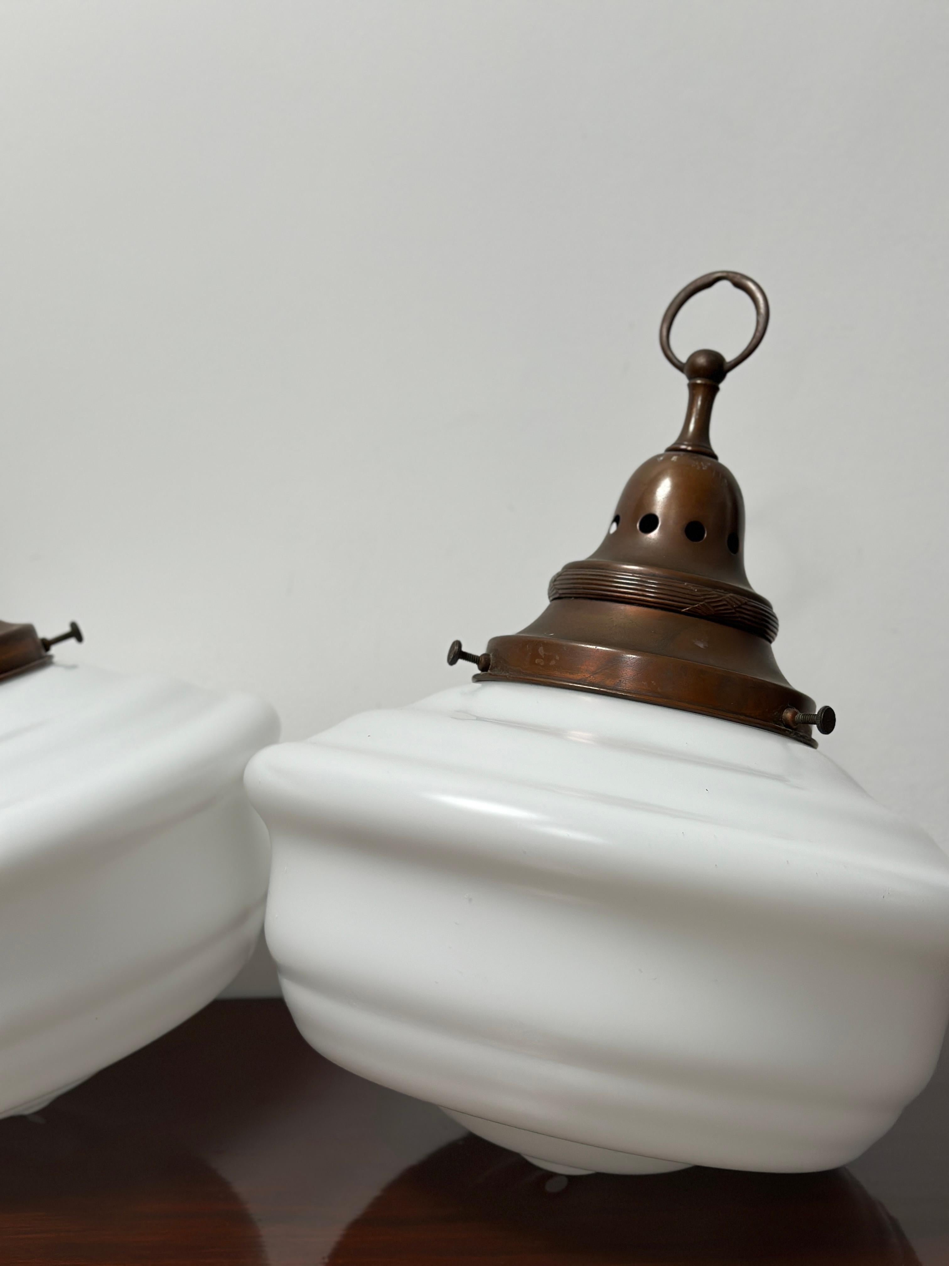 British Pair Set XL Antique Vintage Church Opaline Milk Glass Ceiling Pendant Lights For Sale