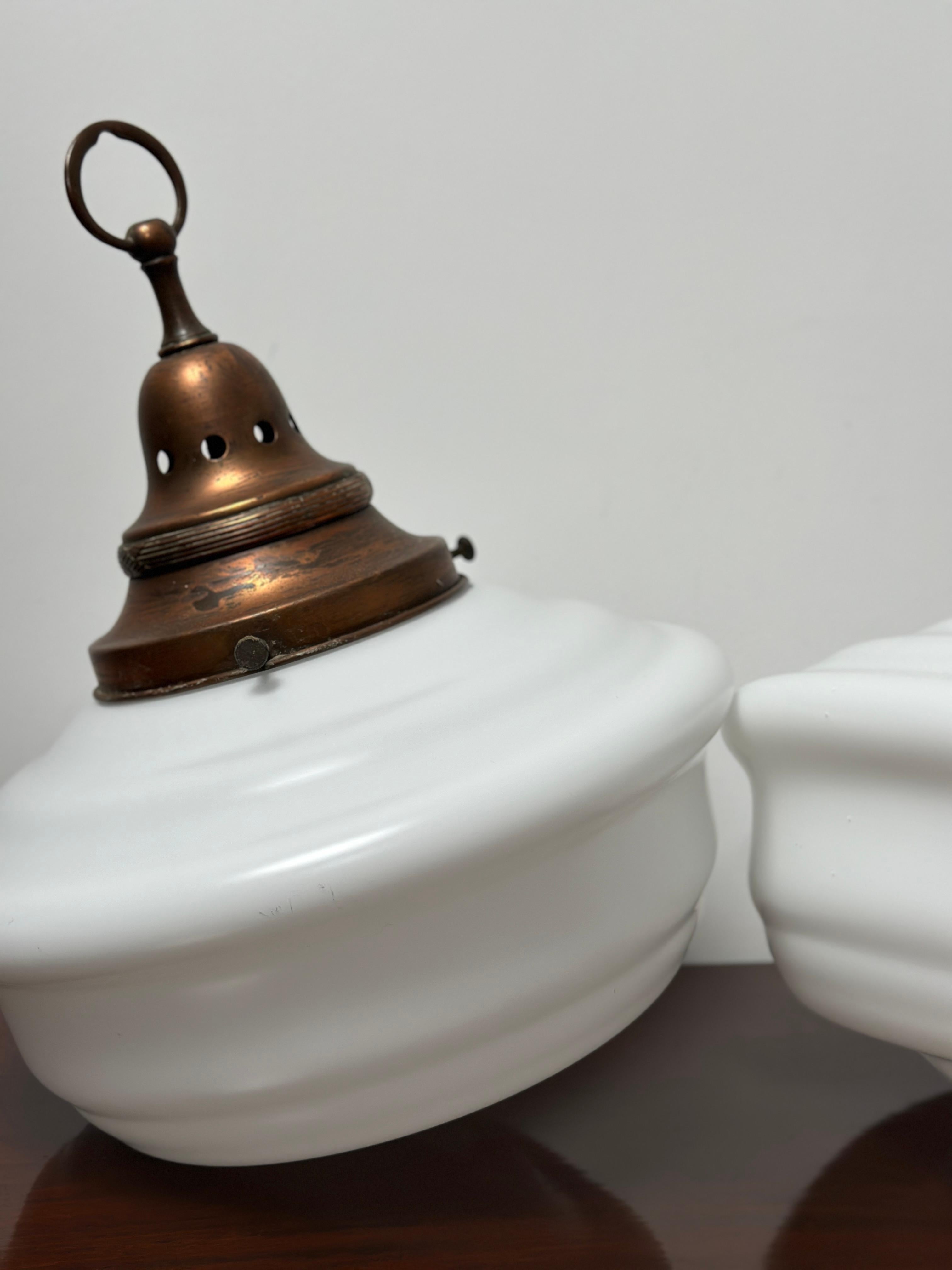 Pair Set XL Antique Vintage Church Opaline Milk Glass Ceiling Pendant Lights In Good Condition For Sale In Sale, GB