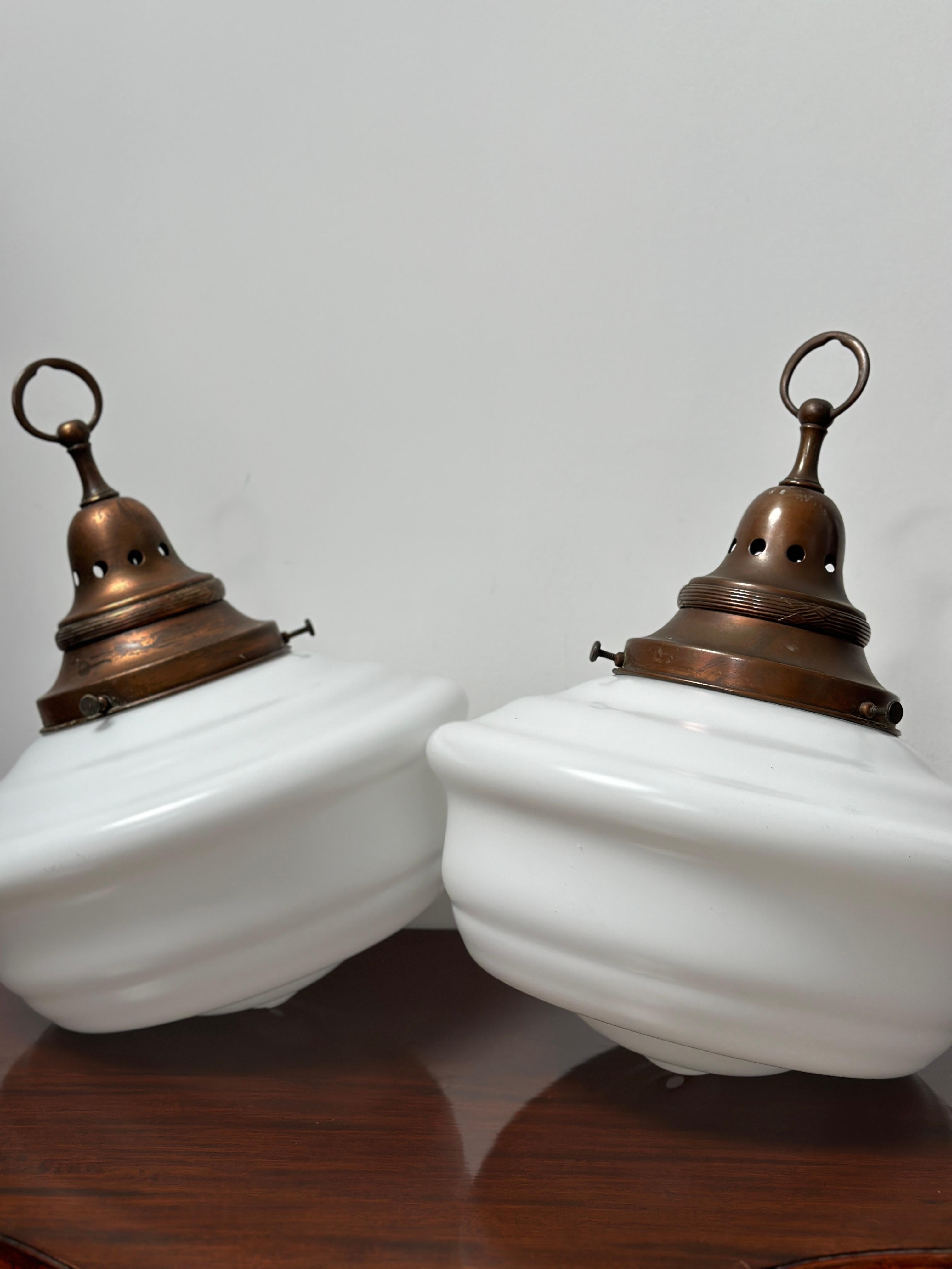 20th Century Pair Set XL Antique Vintage Church Opaline Milk Glass Ceiling Pendant Lights For Sale