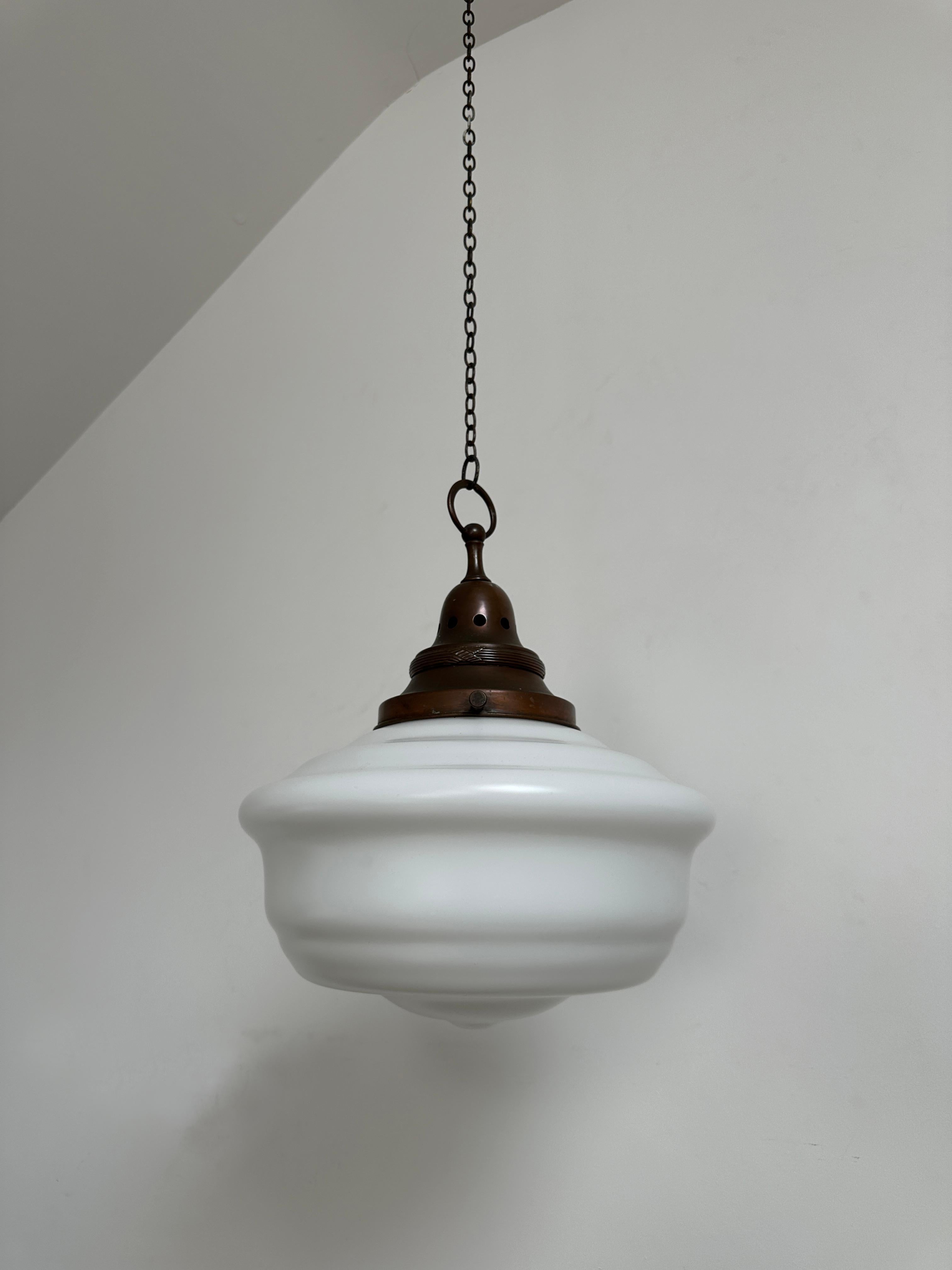 Opaline Glass Pair Set XL Antique Vintage Church Opaline Milk Glass Ceiling Pendant Lights For Sale