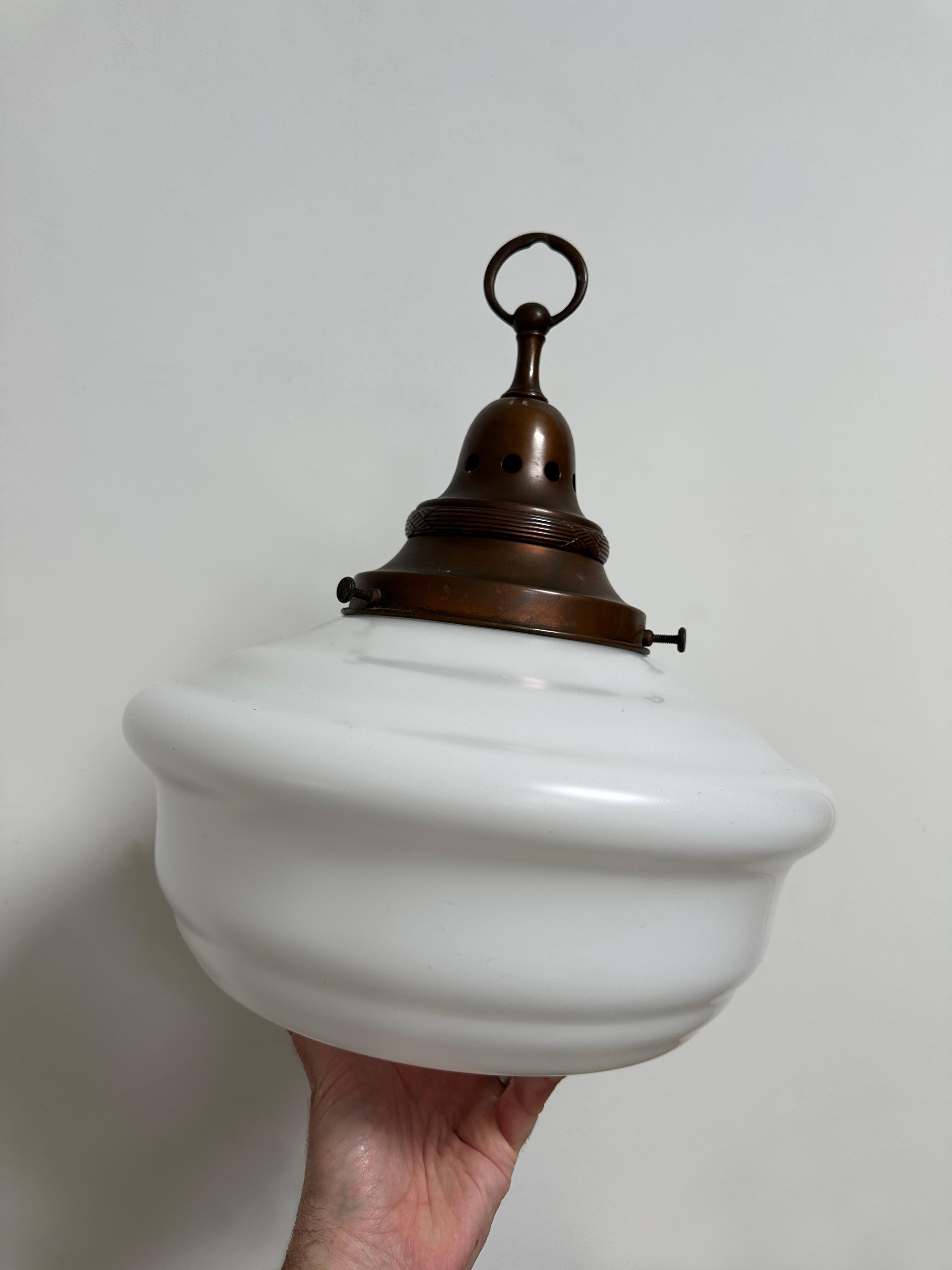 Pair Set XL Antique Vintage Church Opaline Milk Glass Ceiling Pendant Lights For Sale 1