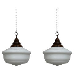 Pair Set XL Antique Vintage Church Opaline Milk Glass Ceiling Pendant Lights