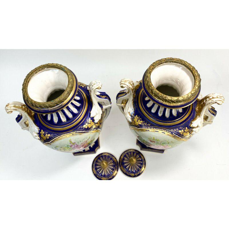 Pair Sevres France Porcelain Twin Handled Covered Urns, 19th Century For Sale 5