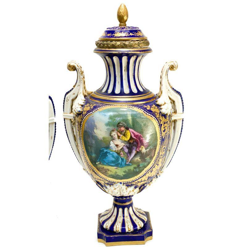 French Pair Sevres France Porcelain Twin Handled Covered Urns, 19th Century For Sale