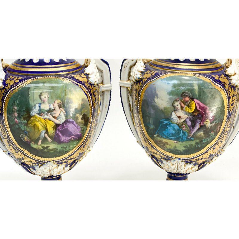 Pair Sevres France Porcelain Twin Handled Covered Urns, 19th Century In Fair Condition For Sale In Gardena, CA