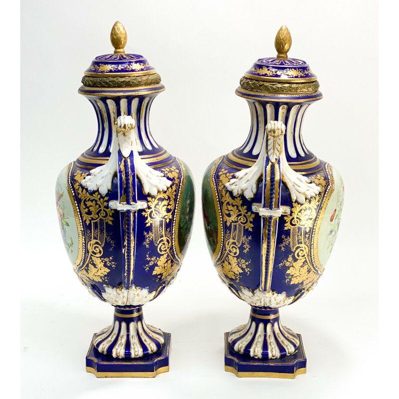 Ceramic Pair Sevres France Porcelain Twin Handled Covered Urns, 19th Century For Sale
