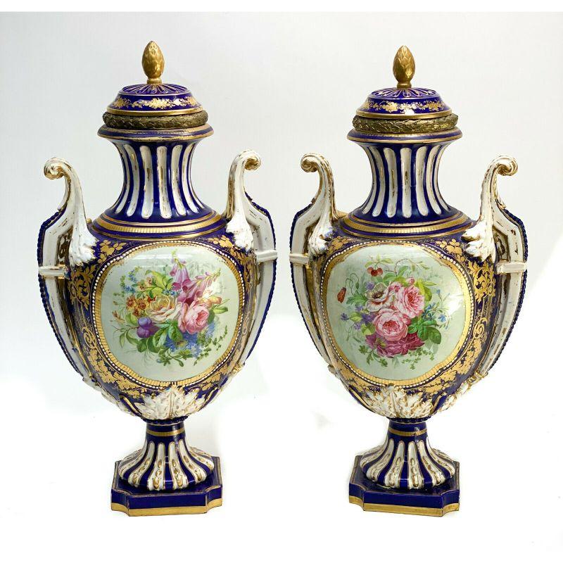 Pair Sevres France Porcelain Twin Handled Covered Urns, 19th Century For Sale 1