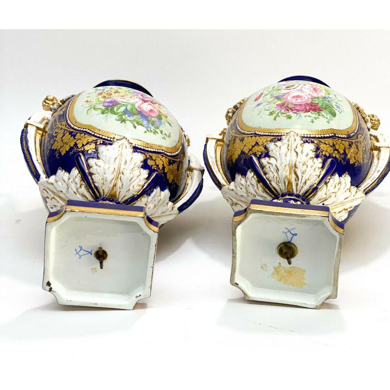 Pair Sevres France Porcelain Twin Handled Covered Urns, 19th Century For Sale 3