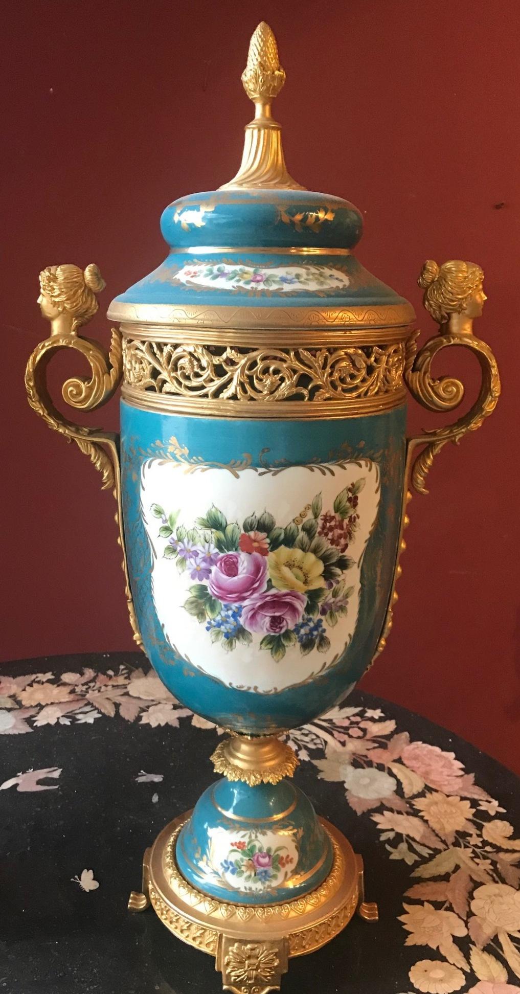 Hand-Crafted Pair of Sevres Style and Bronze Covered Urns, French